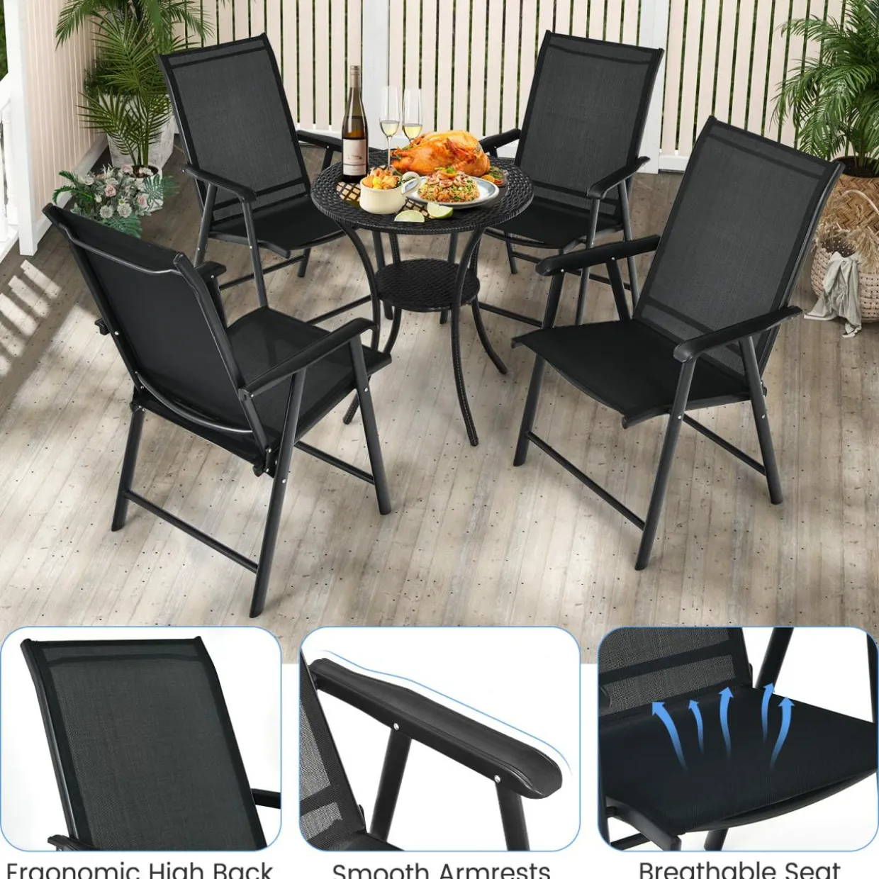 Tangkula Set of 2 Patio Folding Chairs, Fabric Dining Chairs with High Back & Armrests
