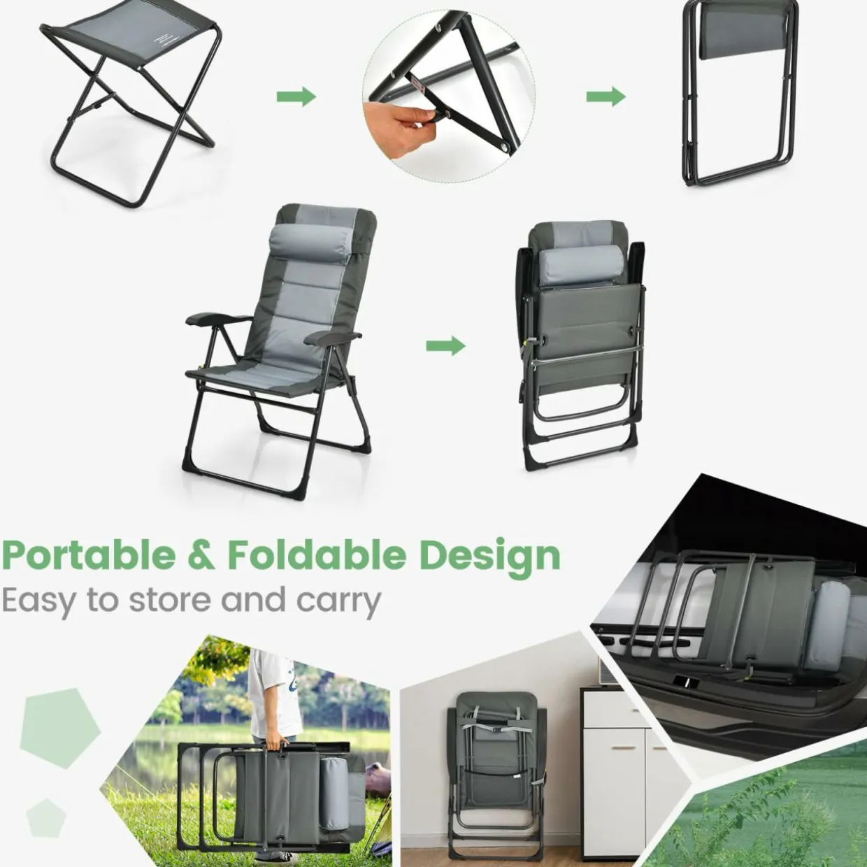 Tangkula Set of 2 Patio Folding Chairs & Ottoman, Padded Lawn Dining Chair Set with 7-Level Adjustable Backrest