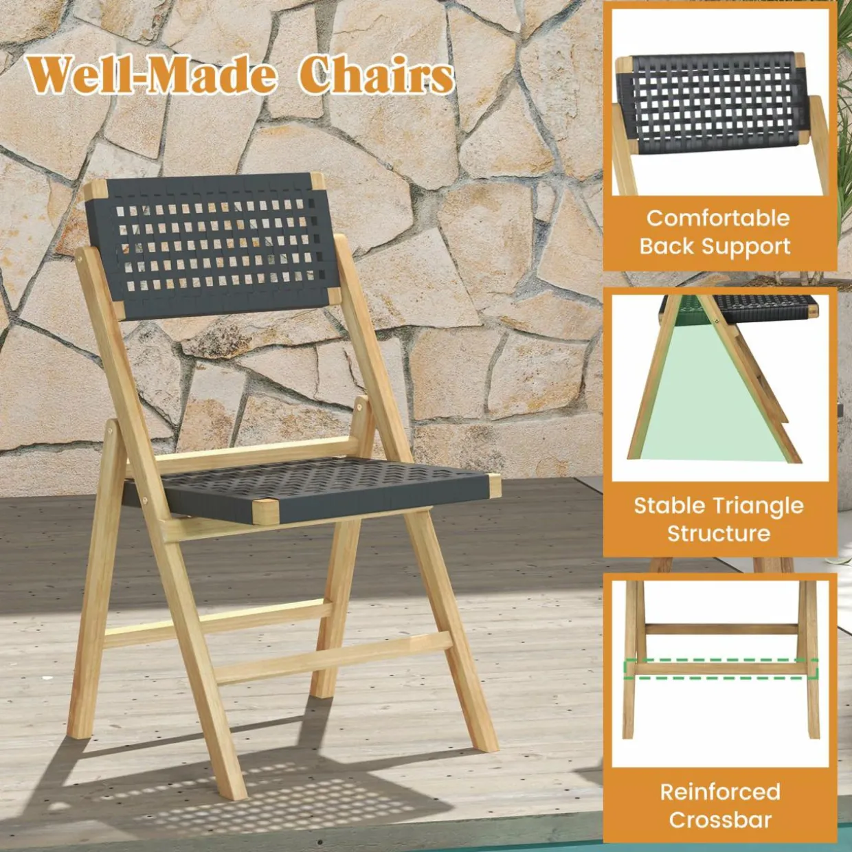 Tangkula Set of 2 Patio Folding Chairs, Solid Teak Wood Dining Chairs with Woven Rope Seat & Back