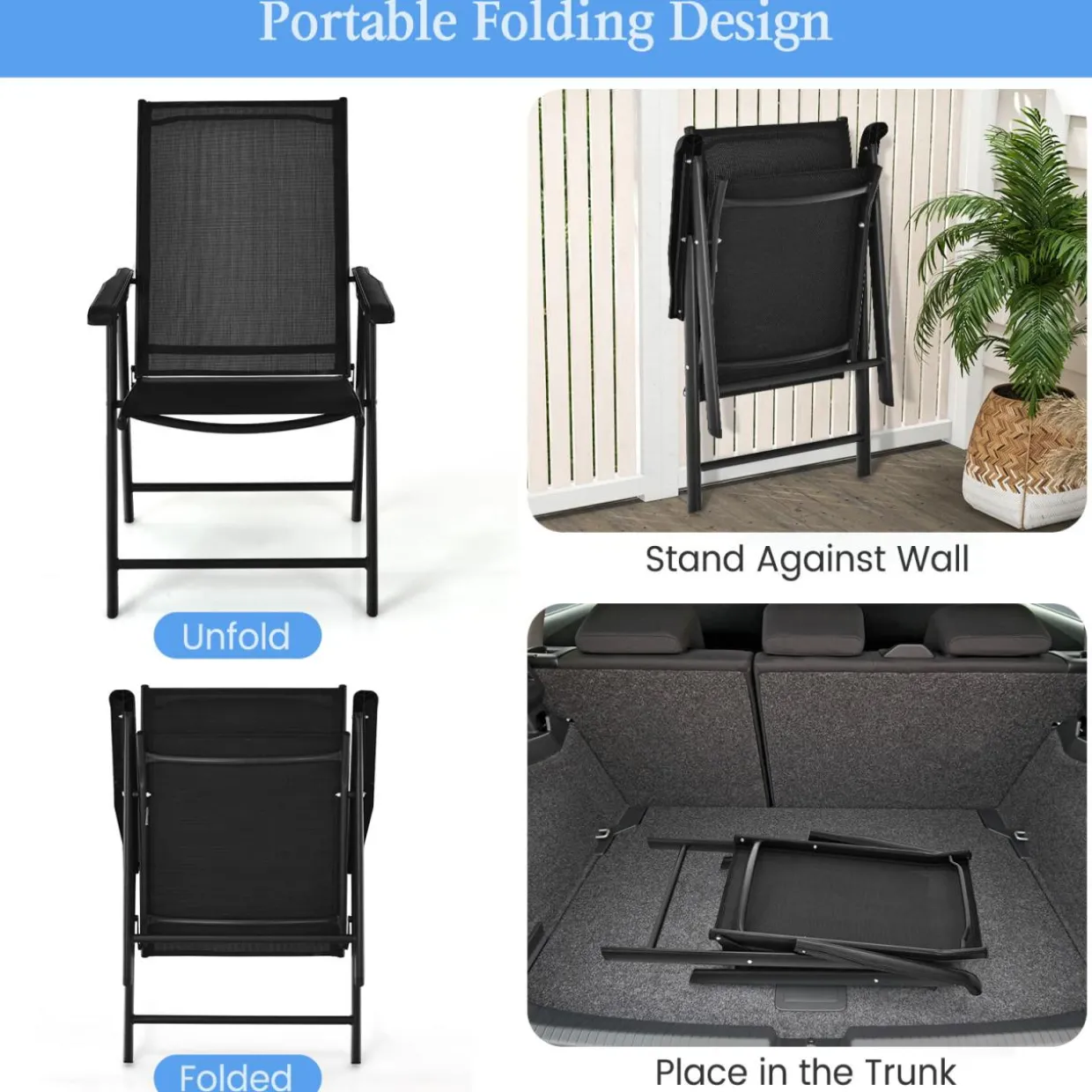 Tangkula Set of 2 Patio Folding Chairs, Fabric Dining Chairs with High Back & Armrests