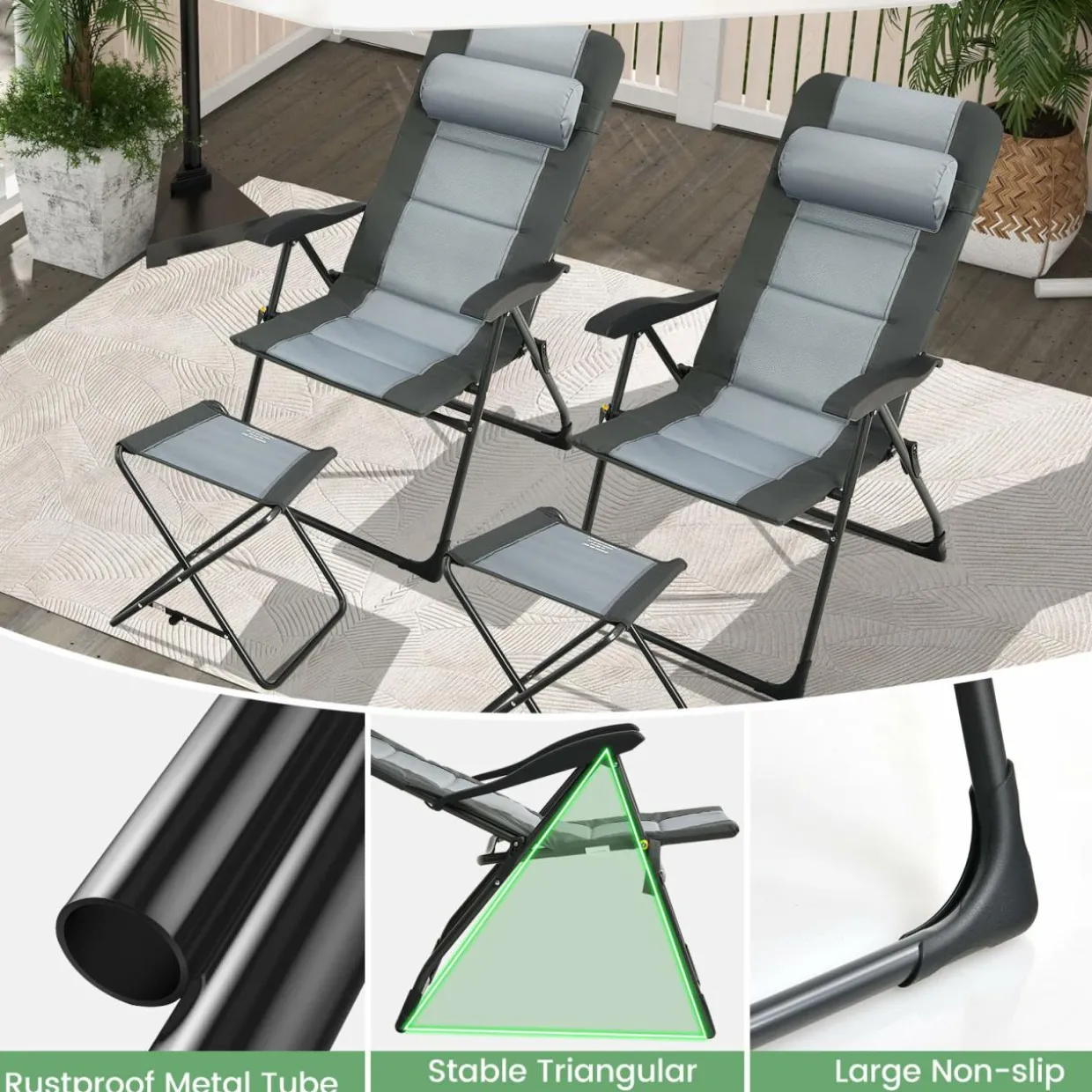 Tangkula Set of 2 Patio Folding Chairs & Ottoman, Padded Lawn Dining Chair Set with 7-Level Adjustable Backrest