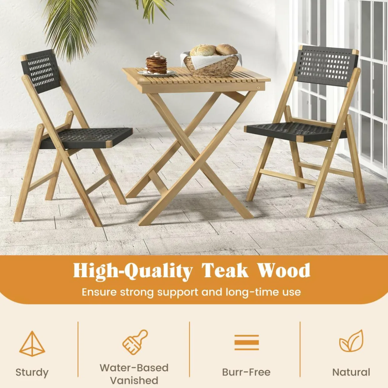 Tangkula Set of 2 Patio Folding Chairs, Solid Teak Wood Dining Chairs with Woven Rope Seat & Back