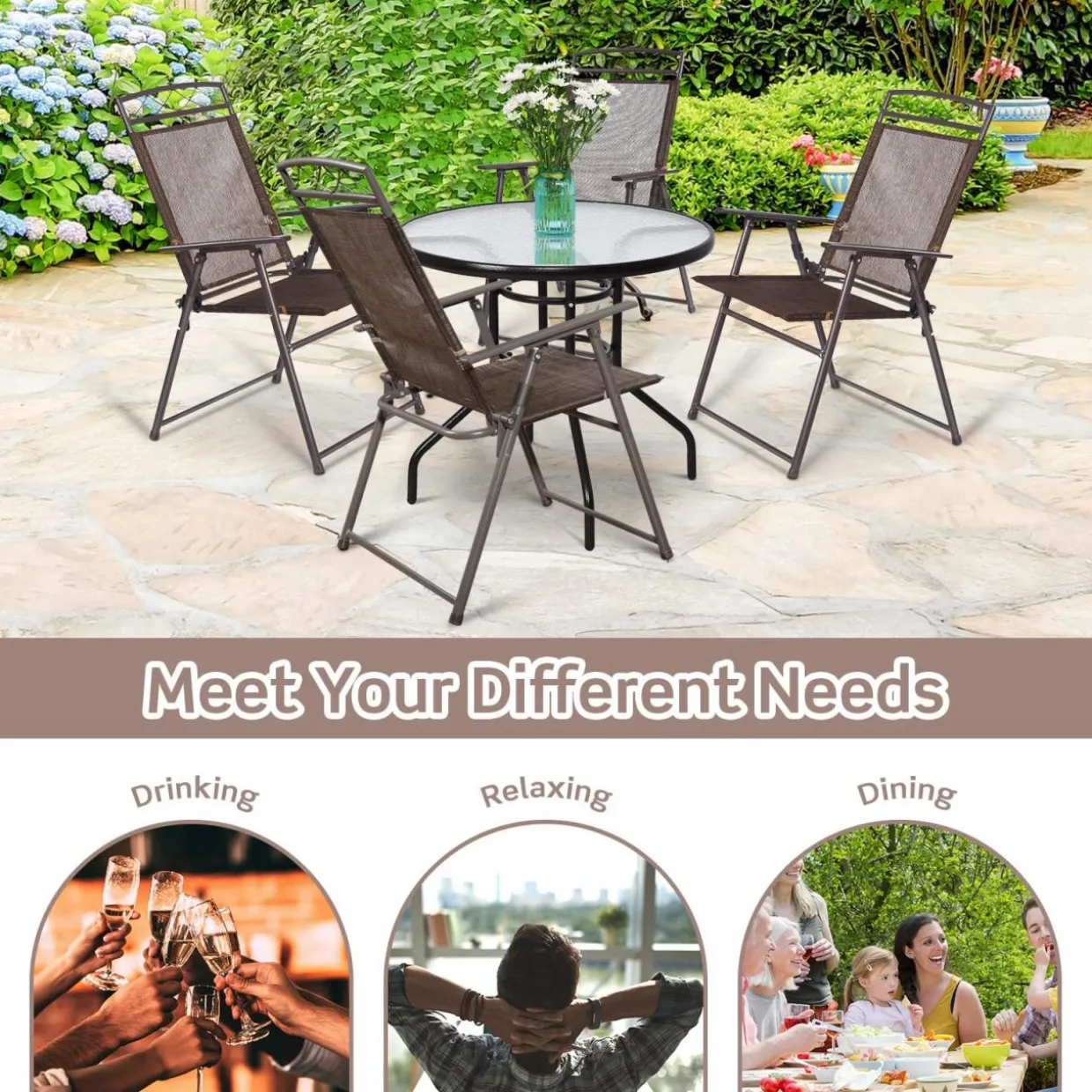 Tangkula Set of 4 Patio Folding Chairs, Foldable Patio Chairs Sling Chairs for Backyard Poolside Balcony