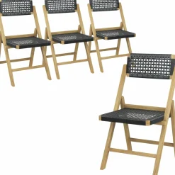 Tangkula Set of 2 Patio Folding Chairs, Solid Teak Wood Dining Chairs with Woven Rope Seat & Back