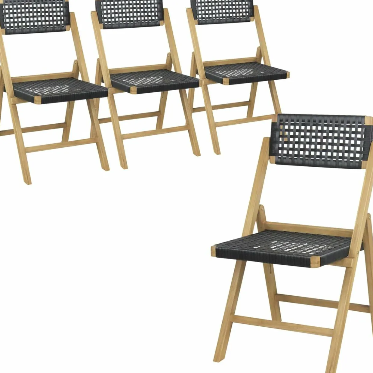 Tangkula Set of 2 Patio Folding Chairs, Solid Teak Wood Dining Chairs with Woven Rope Seat & Back