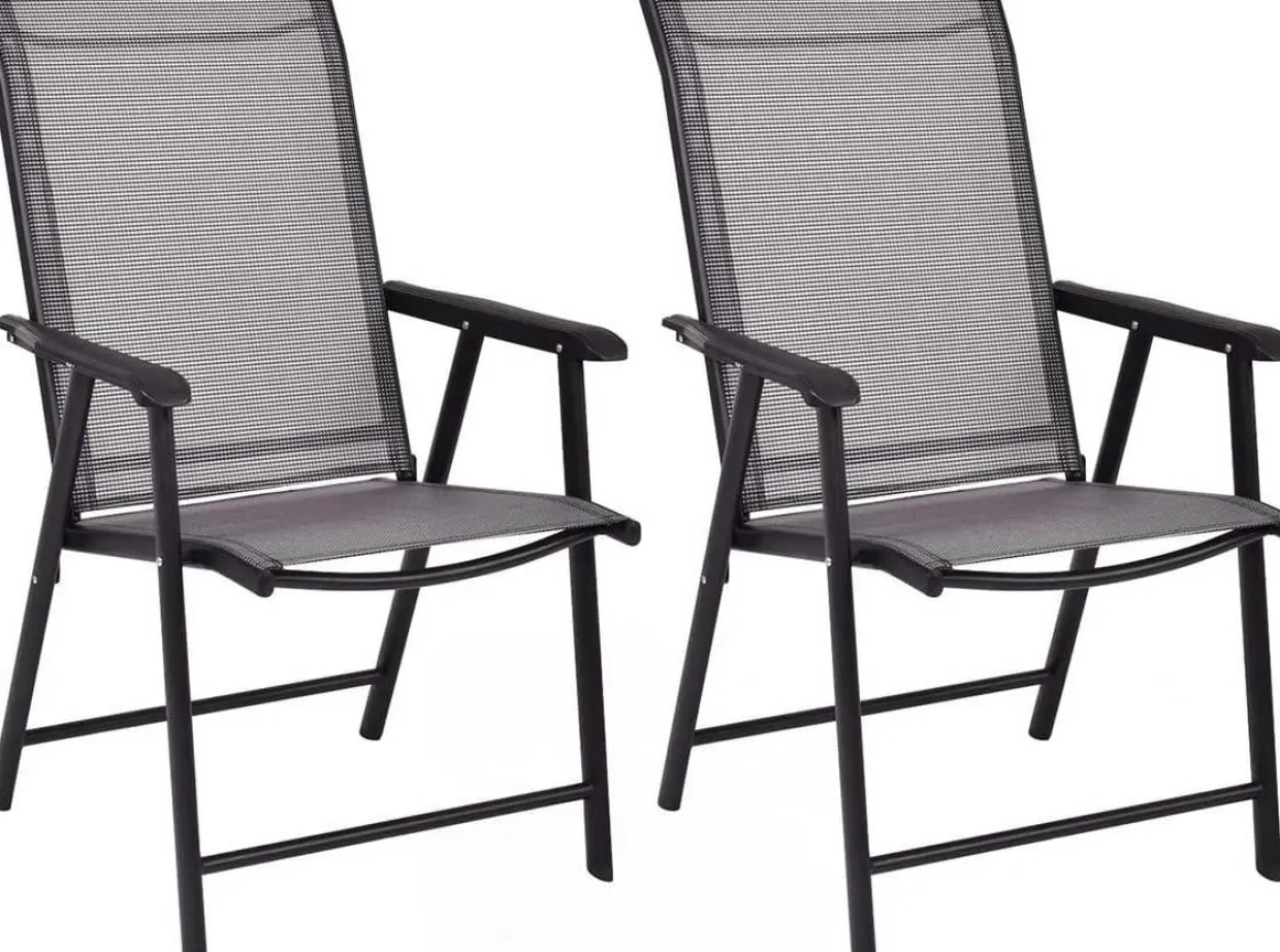 Tangkula Set of 2 Patio Folding Chairs, Fabric Dining Chairs with High Back & Armrests