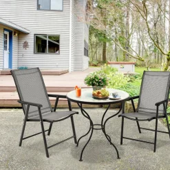 Tangkula Set of 2 Patio Folding Chairs, Fabric Dining Chairs with High Back & Armrests