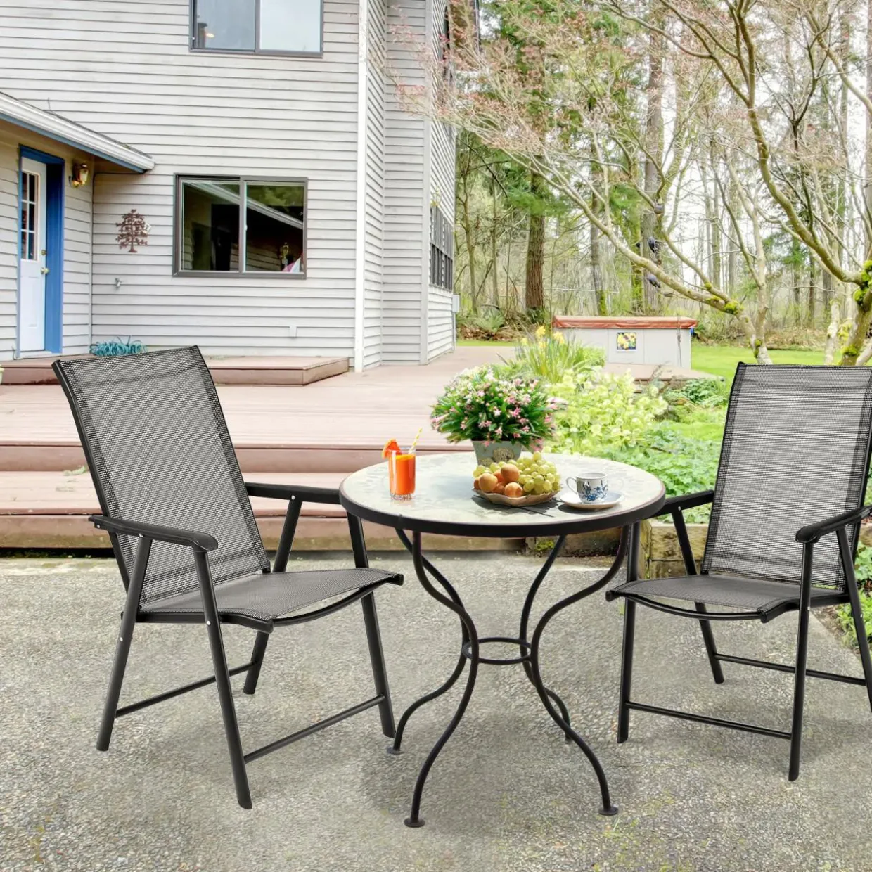 Tangkula Set of 2 Patio Folding Chairs, Fabric Dining Chairs with High Back & Armrests