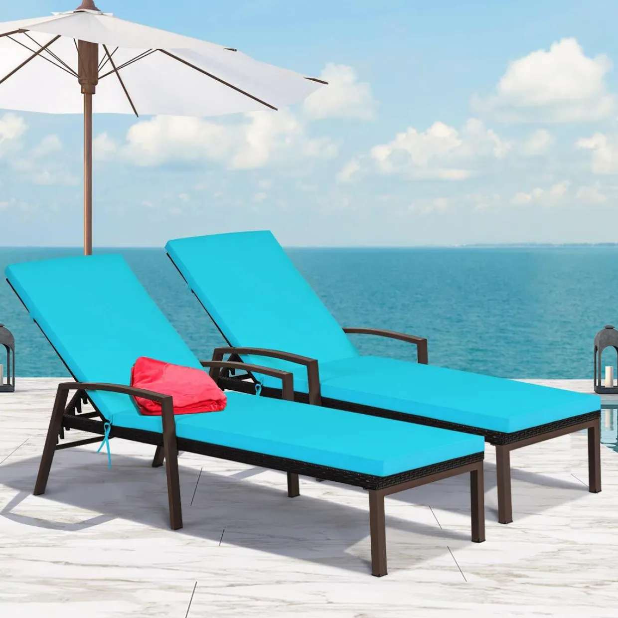 Tangkula Set of 2 Patio Furniture Outdoor Rattan Wicker Lounge Chair Set, Outdoor Reclining Chaise with Armrest and Removable Cushions