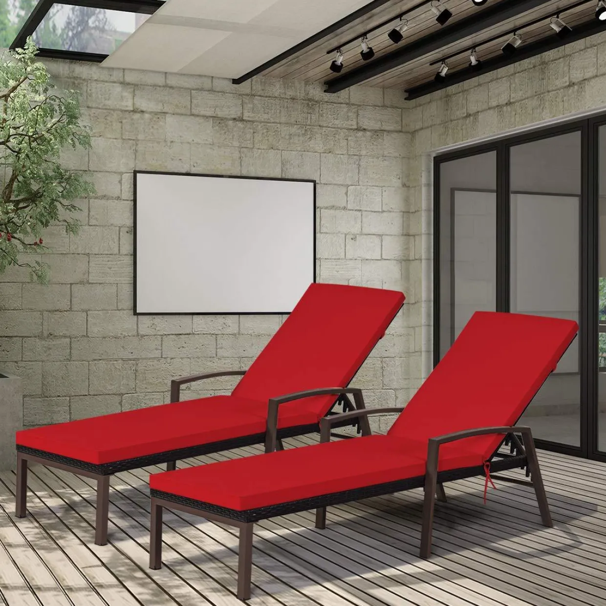 Tangkula Set of 2 Patio Furniture Outdoor Rattan Wicker Lounge Chair Set, Outdoor Reclining Chaise with Armrest and Removable Cushions