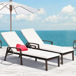 Tangkula Set of 2 Patio Furniture Outdoor Rattan Wicker Lounge Chair Set, Outdoor Reclining Chaise with Armrest and Removable Cushions