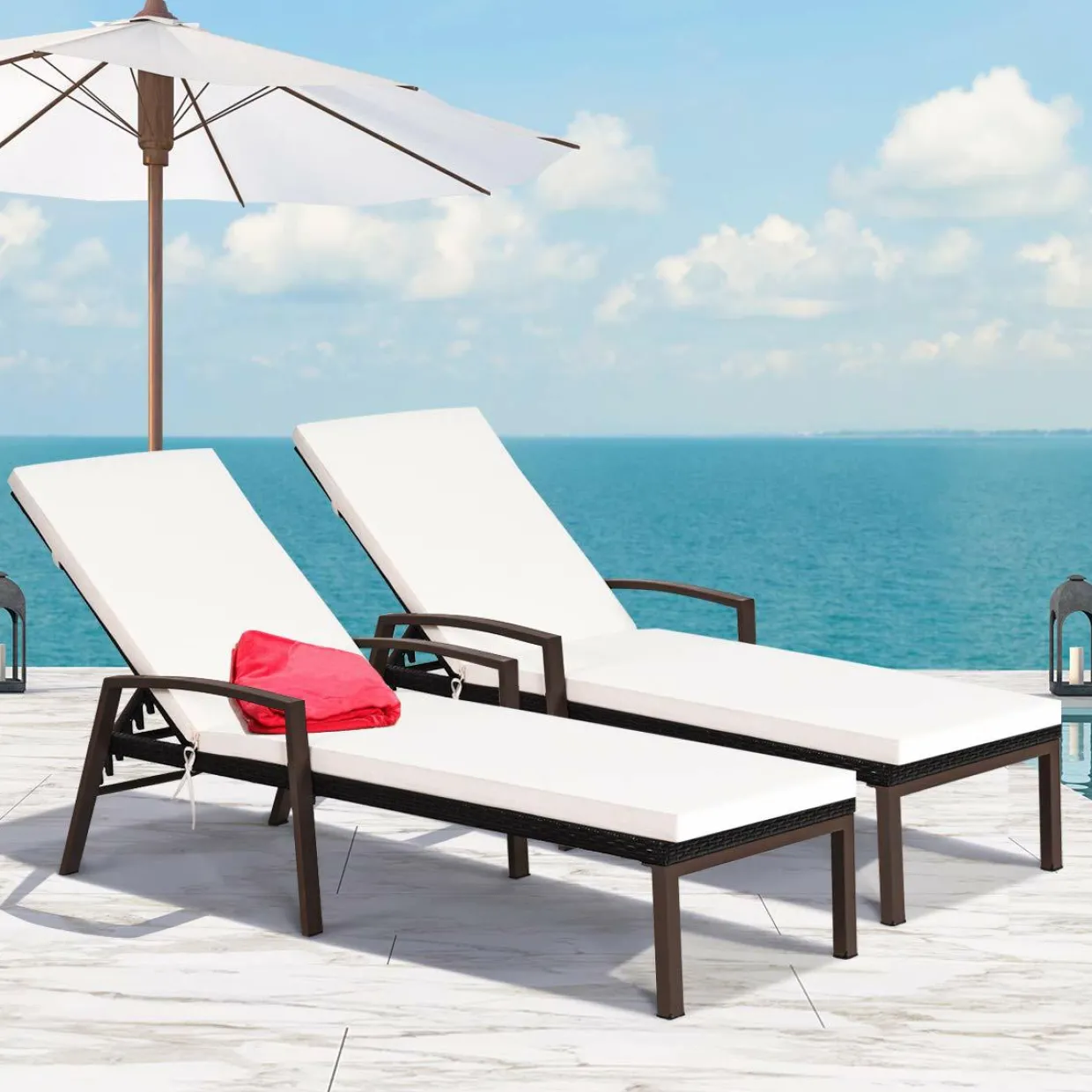 Tangkula Set of 2 Patio Furniture Outdoor Rattan Wicker Lounge Chair Set, Outdoor Reclining Chaise with Armrest and Removable Cushions
