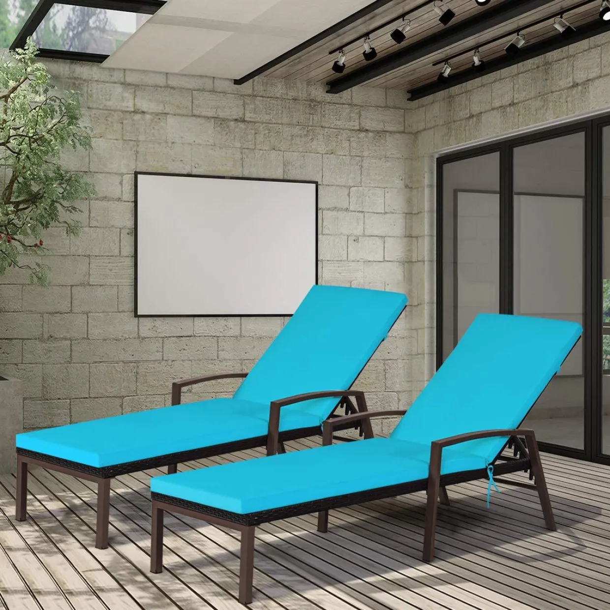 Tangkula Set of 2 Patio Furniture Outdoor Rattan Wicker Lounge Chair Set, Outdoor Reclining Chaise with Armrest and Removable Cushions