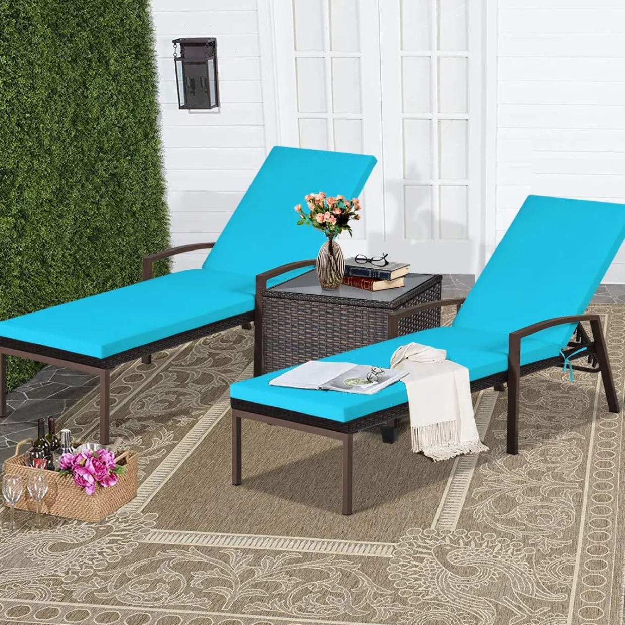 Tangkula Set of 2 Patio Furniture Outdoor Rattan Wicker Lounge Chair Set, Outdoor Reclining Chaise with Armrest and Removable Cushions