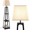 Tangkula Shelf Floor Lamp, Modern Wood Square Standing Lamp with 3 Tiers Shelves and Linen Shade