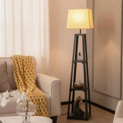 Tangkula Shelf Floor Lamp, 3 Tier Display Floor Lamp with Storage Shelves and Linen Lampshade