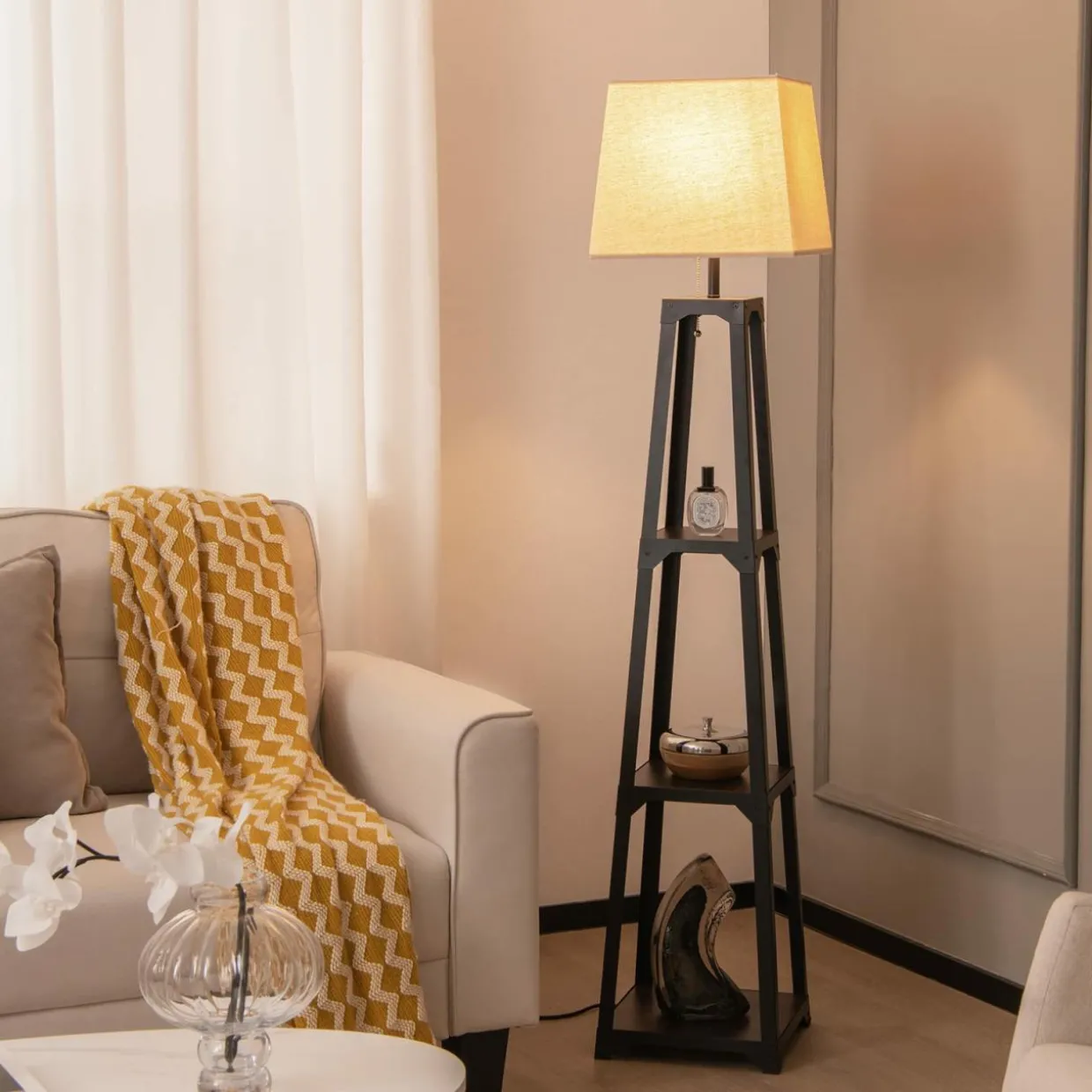 Tangkula Shelf Floor Lamp, 3 Tier Display Floor Lamp with Storage Shelves and Linen Lampshade