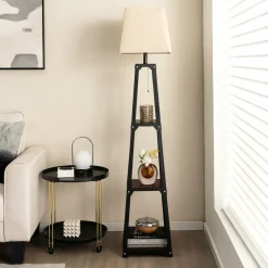 Tangkula Shelf Floor Lamp, Modern Wood Square Standing Lamp with 3 Tiers Shelves and Linen Shade