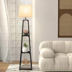 Tangkula Shelf Floor Lamp, 3 Tier Display Floor Lamp with Storage Shelves and Linen Lampshade