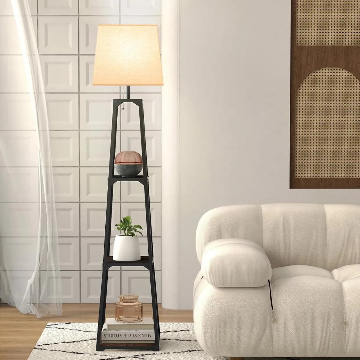 Tangkula Shelf Floor Lamp, 3 Tier Display Floor Lamp with Storage Shelves and Linen Lampshade