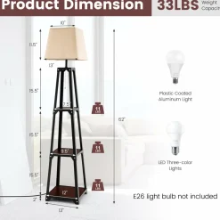 Tangkula Shelf Floor Lamp, Modern Wood Square Standing Lamp with 3 Tiers Shelves and Linen Shade