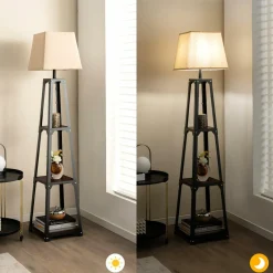 Tangkula Shelf Floor Lamp, Modern Wood Square Standing Lamp with 3 Tiers Shelves and Linen Shade