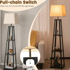 Tangkula Shelf Floor Lamp, 3 Tier Display Floor Lamp with Storage Shelves and Linen Lampshade
