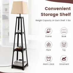Tangkula Shelf Floor Lamp, Modern Wood Square Standing Lamp with 3 Tiers Shelves and Linen Shade