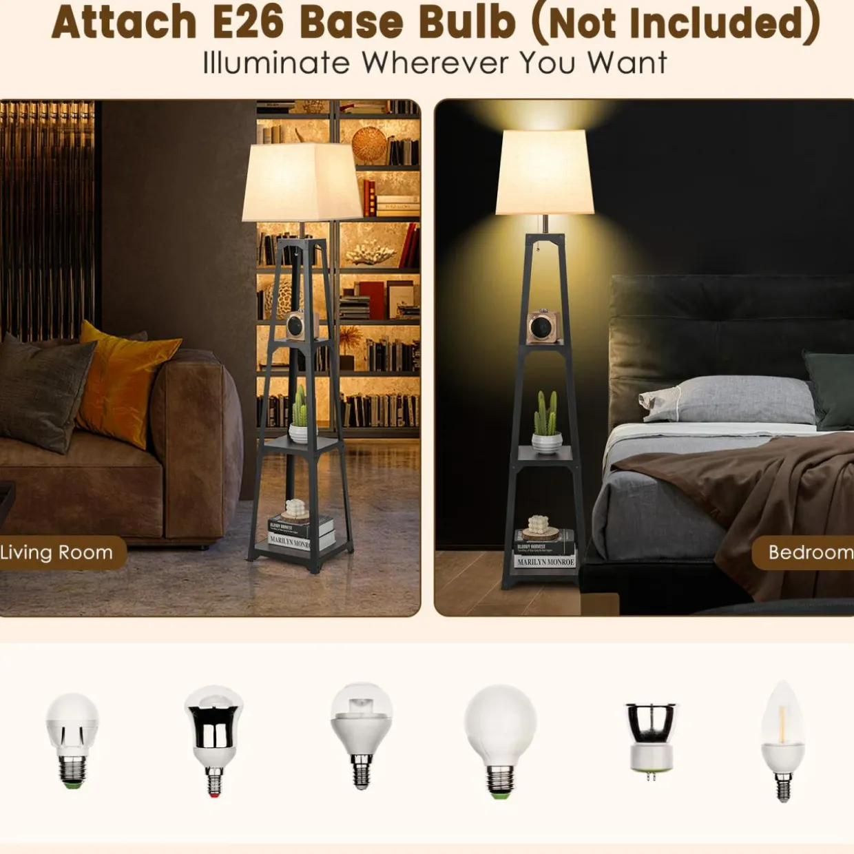 Tangkula Shelf Floor Lamp, 3 Tier Display Floor Lamp with Storage Shelves and Linen Lampshade