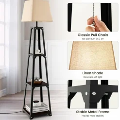 Tangkula Shelf Floor Lamp, Modern Wood Square Standing Lamp with 3 Tiers Shelves and Linen Shade