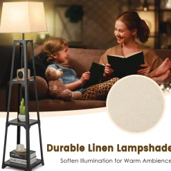 Tangkula Shelf Floor Lamp, 3 Tier Display Floor Lamp with Storage Shelves and Linen Lampshade