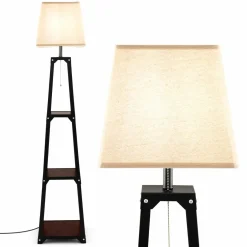 Tangkula Shelf Floor Lamp, Modern Wood Square Standing Lamp with 3 Tiers Shelves and Linen Shade