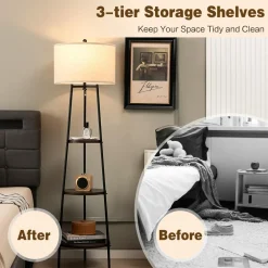 Tangkula Shelf Floor Lamp, 3 Tier Display Floor Lamp with Storage Shelves and Linen Lampshade