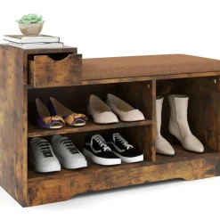 Tangkula Shoe Bench with Cushion & 3 Compartments