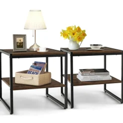 Tangkula Side Table Set of 2, 2 Tier Coffee Table with Mental Frame Wood Top
