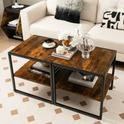 Tangkula Side Table Set of 2, 2 Tier Coffee Table with Mental Frame Wood Top