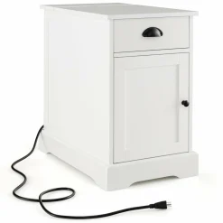 Tangkula Side Table with Charging Station, Modern Nightstand, Narrow End Table