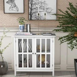 Tangkula Sideboard Buffet Storage Cabinet, Kitchen Storage Cabinet with 2 Glass Doors