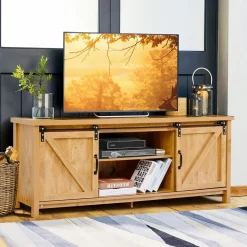 Tangkula Sliding Barn Door TV Stand, Wood TV Storage Cabinet for TVs Up to 65 Inch