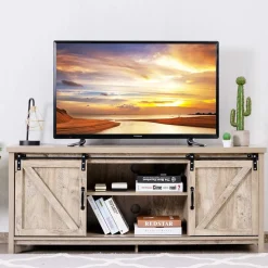 Tangkula Sliding Barn Door TV Stand, Wood TV Storage Cabinet for TVs Up to 65 Inch