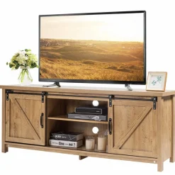 Tangkula Sliding Barn Door TV Stand, Wood TV Storage Cabinet for TVs Up to 65 Inch