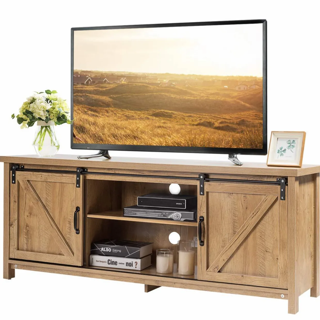 Tangkula Sliding Barn Door TV Stand, Wood TV Storage Cabinet for TVs Up to 65 Inch