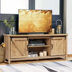 Tangkula Sliding Barn Door TV Stand, Wood TV Storage Cabinet for TVs Up to 65 Inch