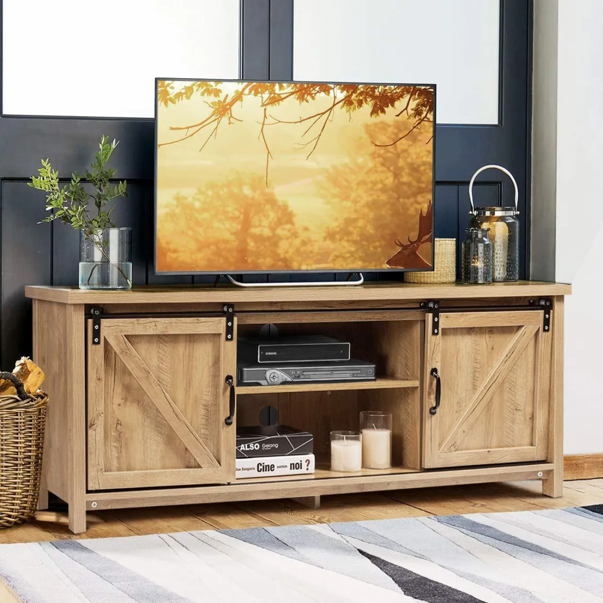 Tangkula Sliding Barn Door TV Stand, Wood TV Storage Cabinet for TVs Up to 65 Inch