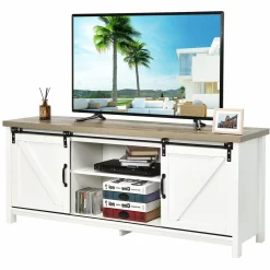 Tangkula Sliding Barn Door TV Stand, Wood TV Storage Cabinet for TVs Up to 65 Inch