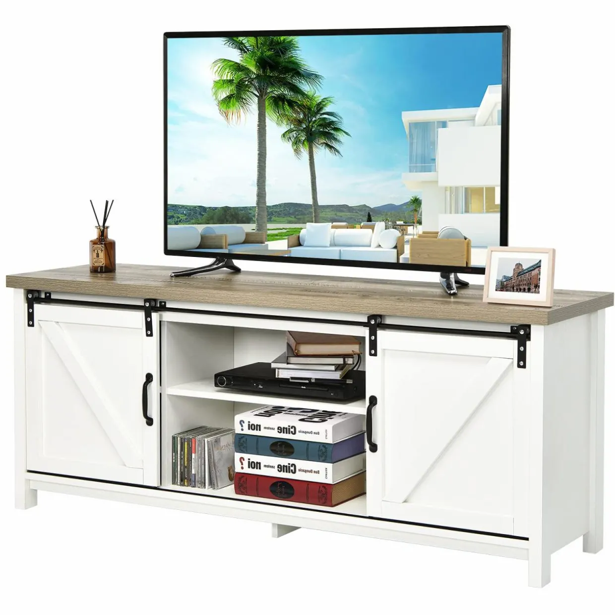 Tangkula Sliding Barn Door TV Stand, Wood TV Storage Cabinet for TVs Up to 65 Inch