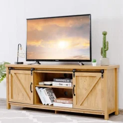 Tangkula Sliding Barn Door TV Stand, Wood TV Storage Cabinet for TVs Up to 65 Inch