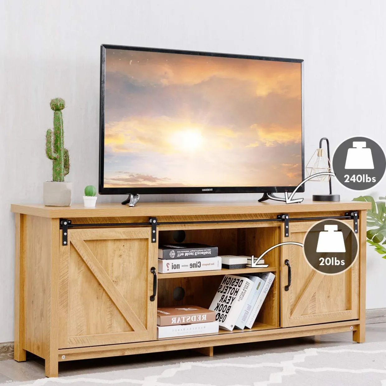 Tangkula Sliding Barn Door TV Stand, Wood TV Storage Cabinet for TVs Up to 65 Inch