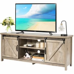 Tangkula Sliding Barn Door TV Stand, Wood TV Storage Cabinet for TVs Up to 65 Inch
