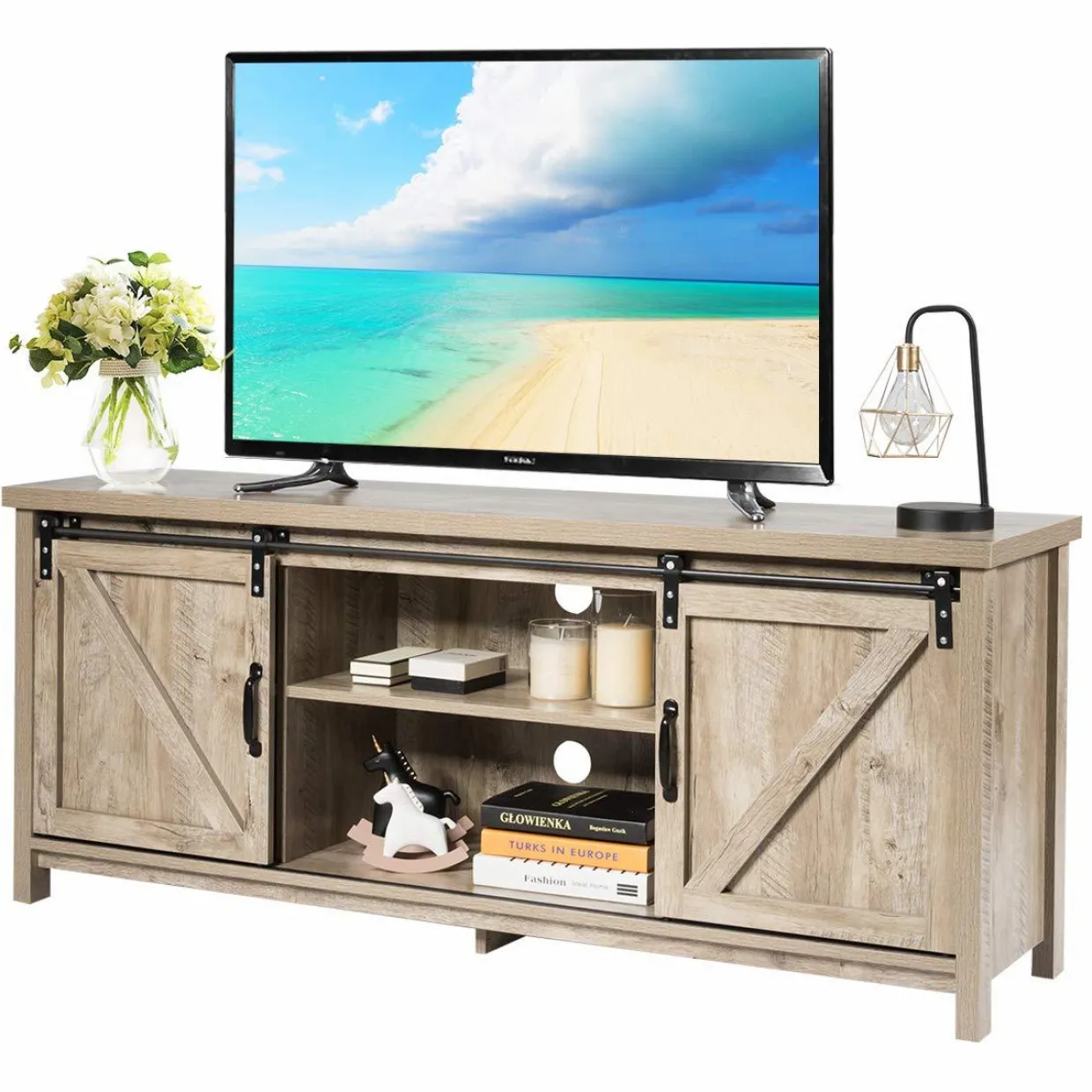 Tangkula Sliding Barn Door TV Stand, Wood TV Storage Cabinet for TVs Up to 65 Inch